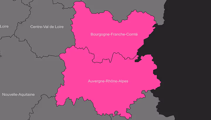 Carte des zones d’intervention de KH Transports Express : régions Bourgogne–Franche-Comté et Auvergne–Rhône-Alpes.