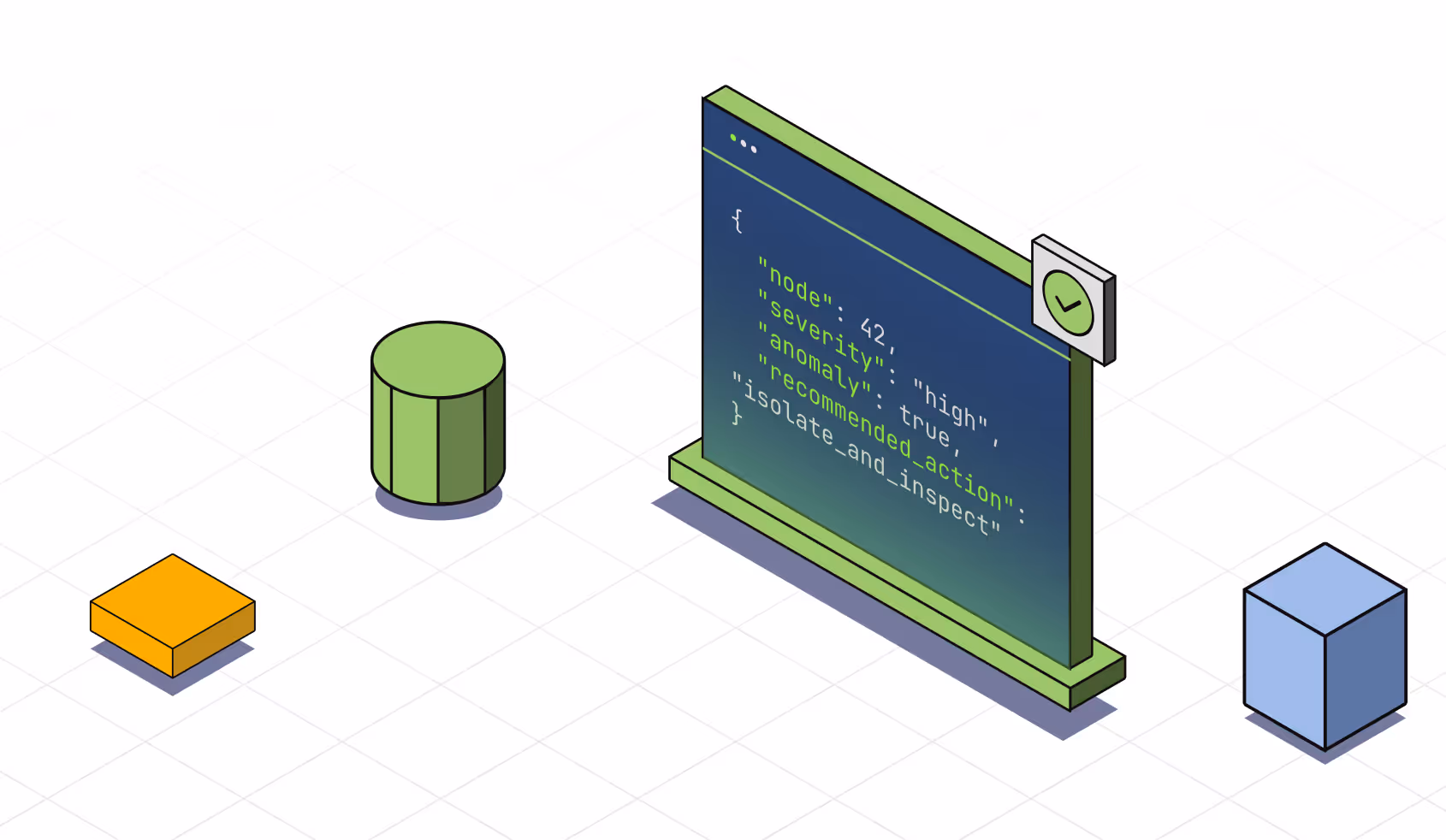 Isometric illustration of a coding window displaying JSON data with node severity, anomaly status, and recommended action, surrounded by colored geometric shapes.