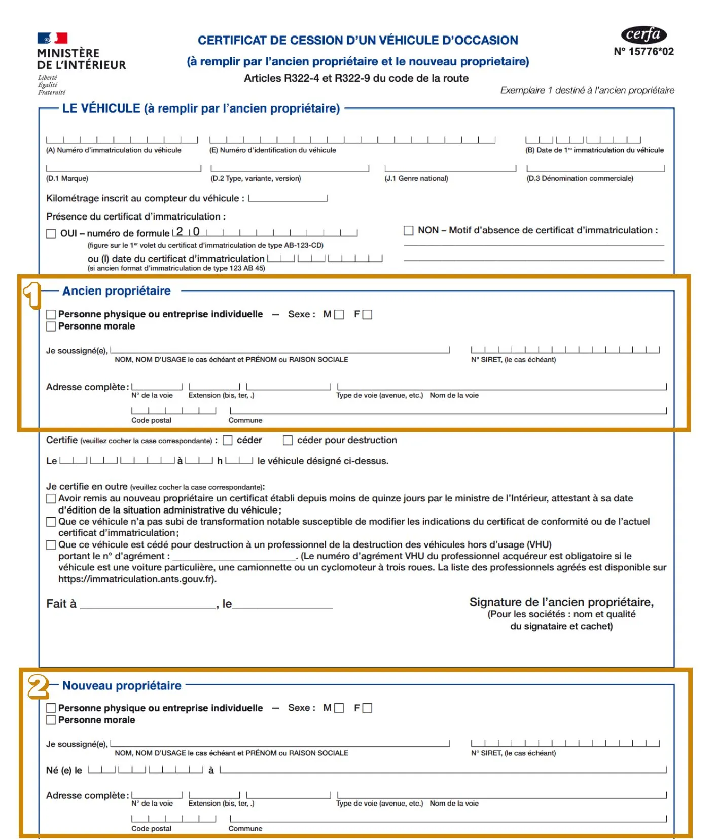 Certificat de cession d’un véhicule d’occasion, sections Ancien propriétaire et Nouveau propriétaire.