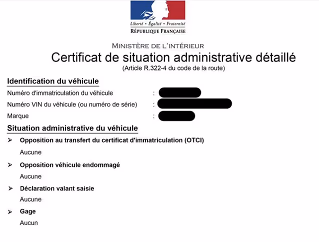 Exemple de certificat de non-gage pour un véhicule