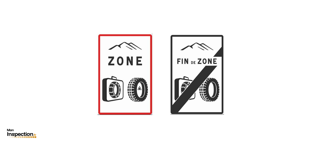 Panneau spécial indiquant le début et la fin d’une zone neige, signalant qu’il faut équiper la voiture de matériel adapté à la neige