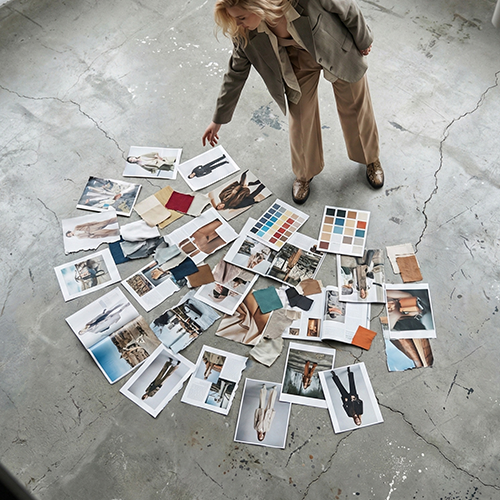 An image of our creative director creating a mood board on a studio floor.