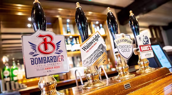 A row of various beer taps lined up on a polished bar, showcasing different brands and styles of beer.