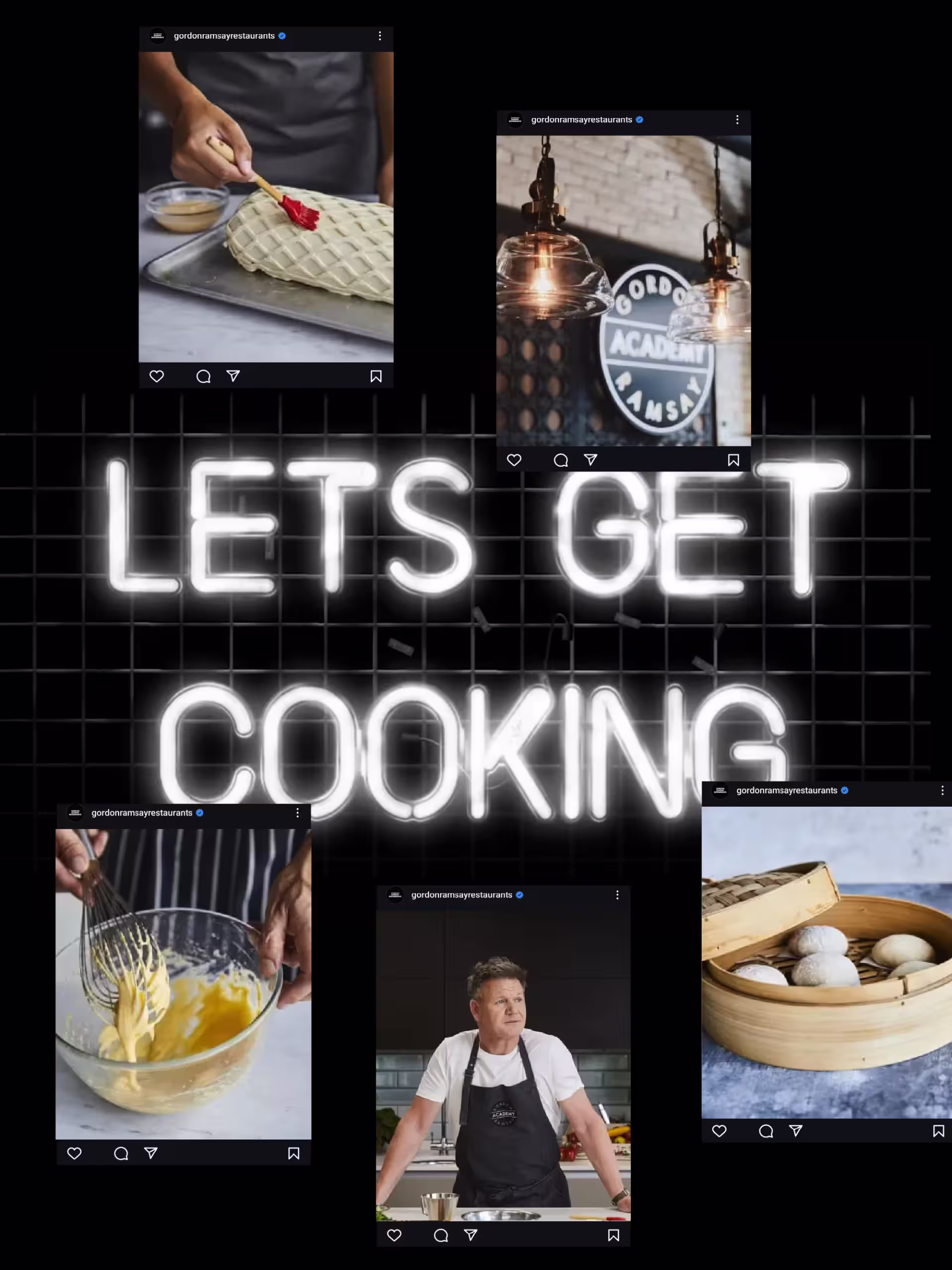 Black and white photo featuring the text "Let's get cooking" in a bold, playful font.