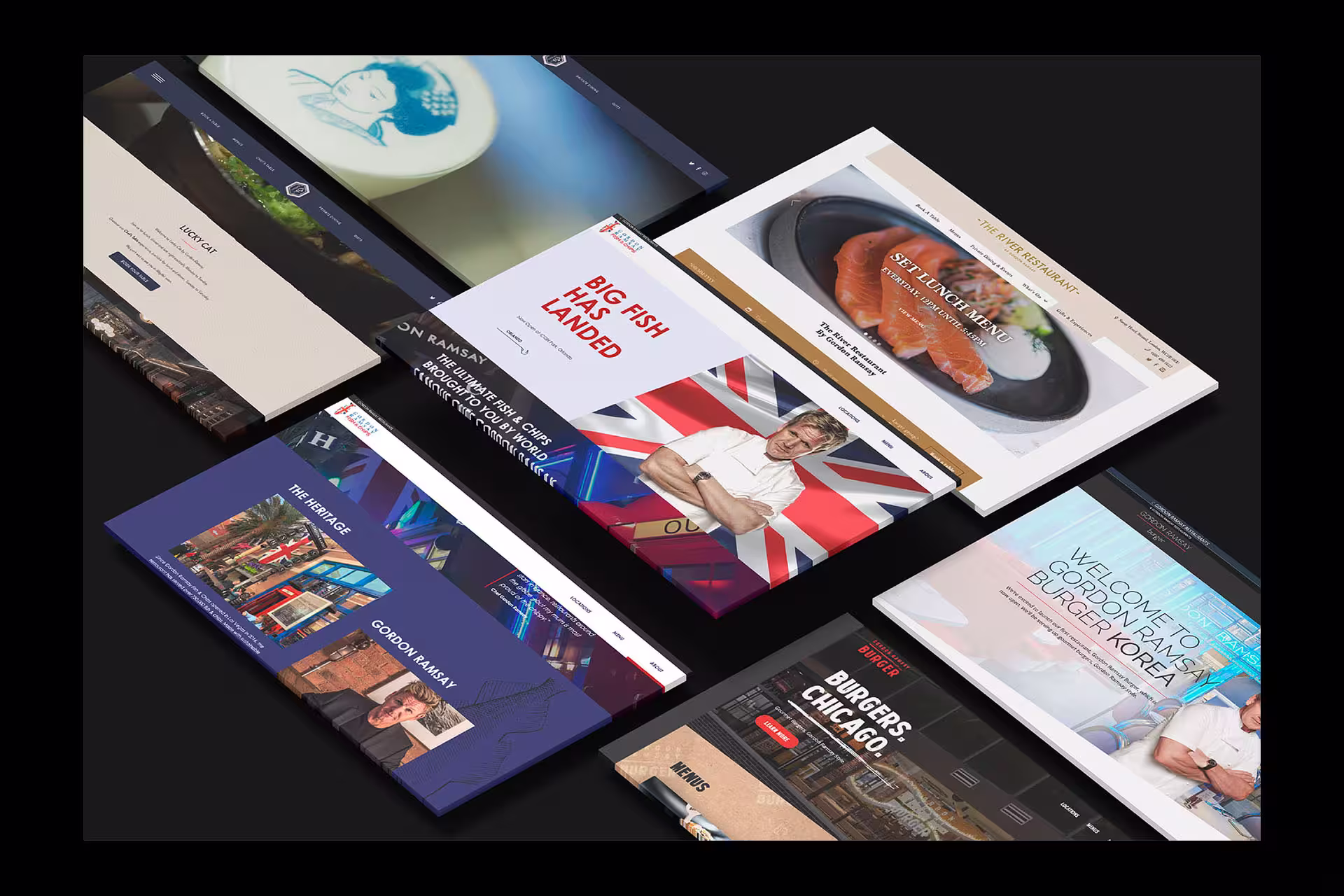 A collection of various websites shown on a black background, illustrating diverse online content and design.