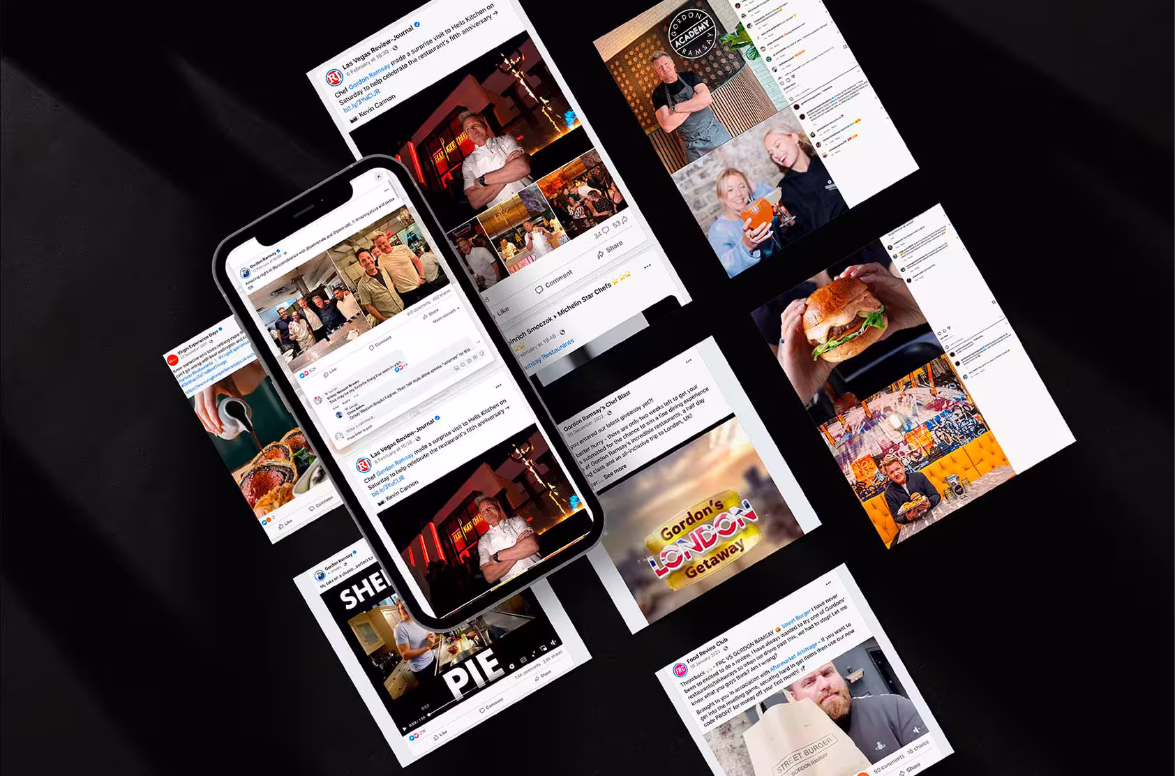A smartphone displaying multiple images of various food dishes arranged on its screen.
