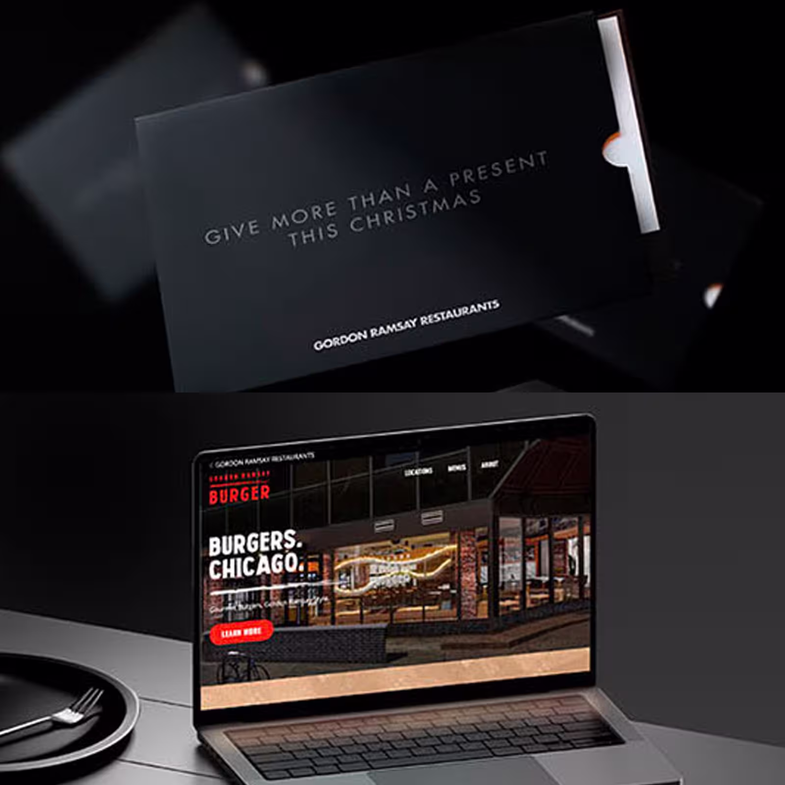 A laptop and a black business card are placed on a wooden desk, showcasing a professional workspace setup.