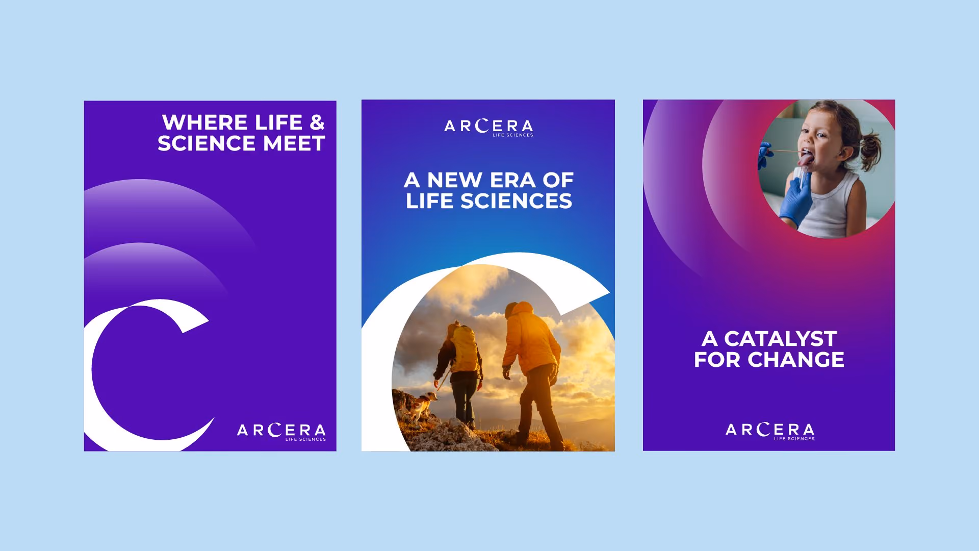 Three colorful banners promoting the Center for Life and Science, featuring engaging graphics and informative text.