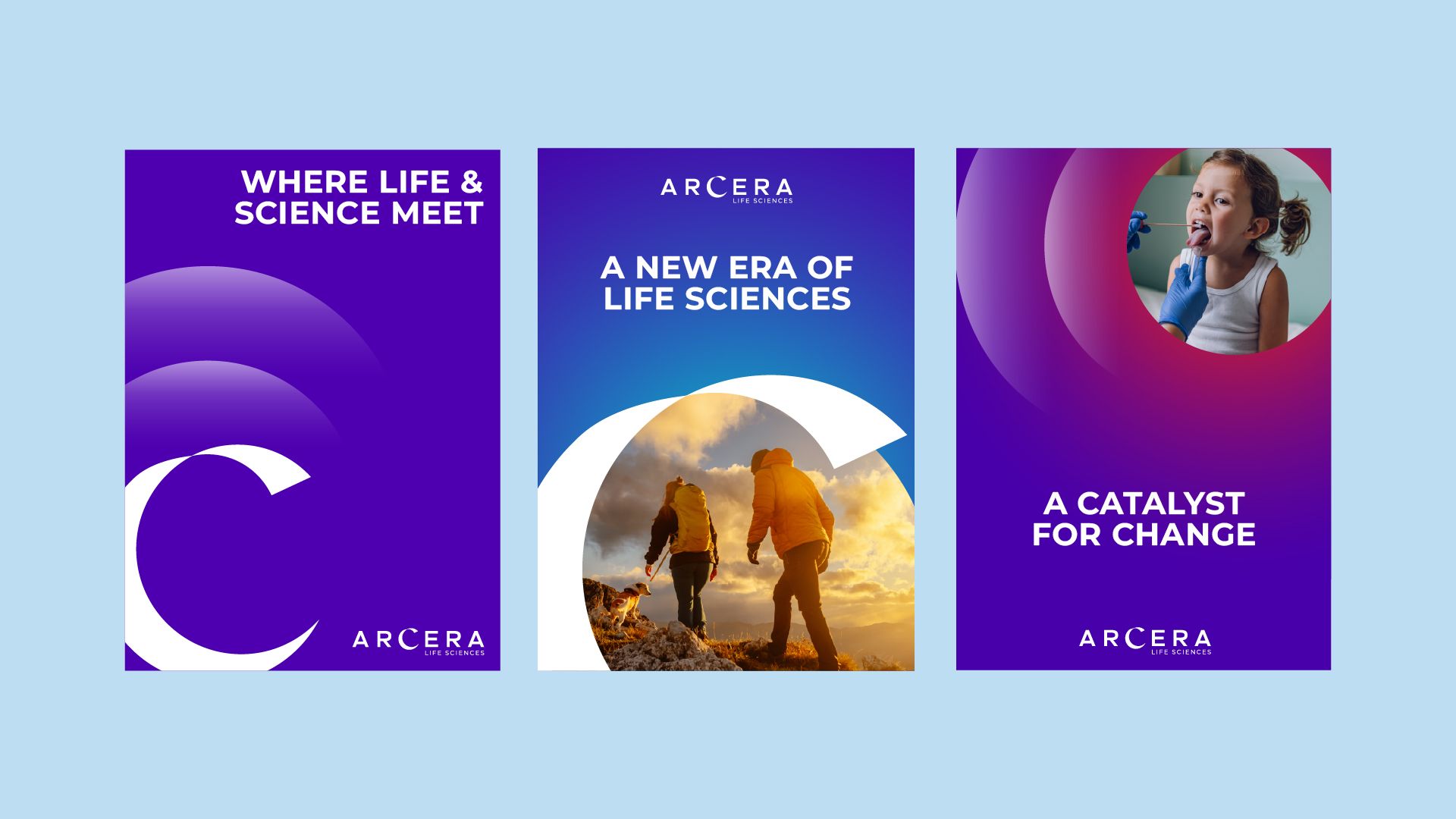 Three colorful banners promoting the Center for Life and Science, featuring engaging graphics and informative text.