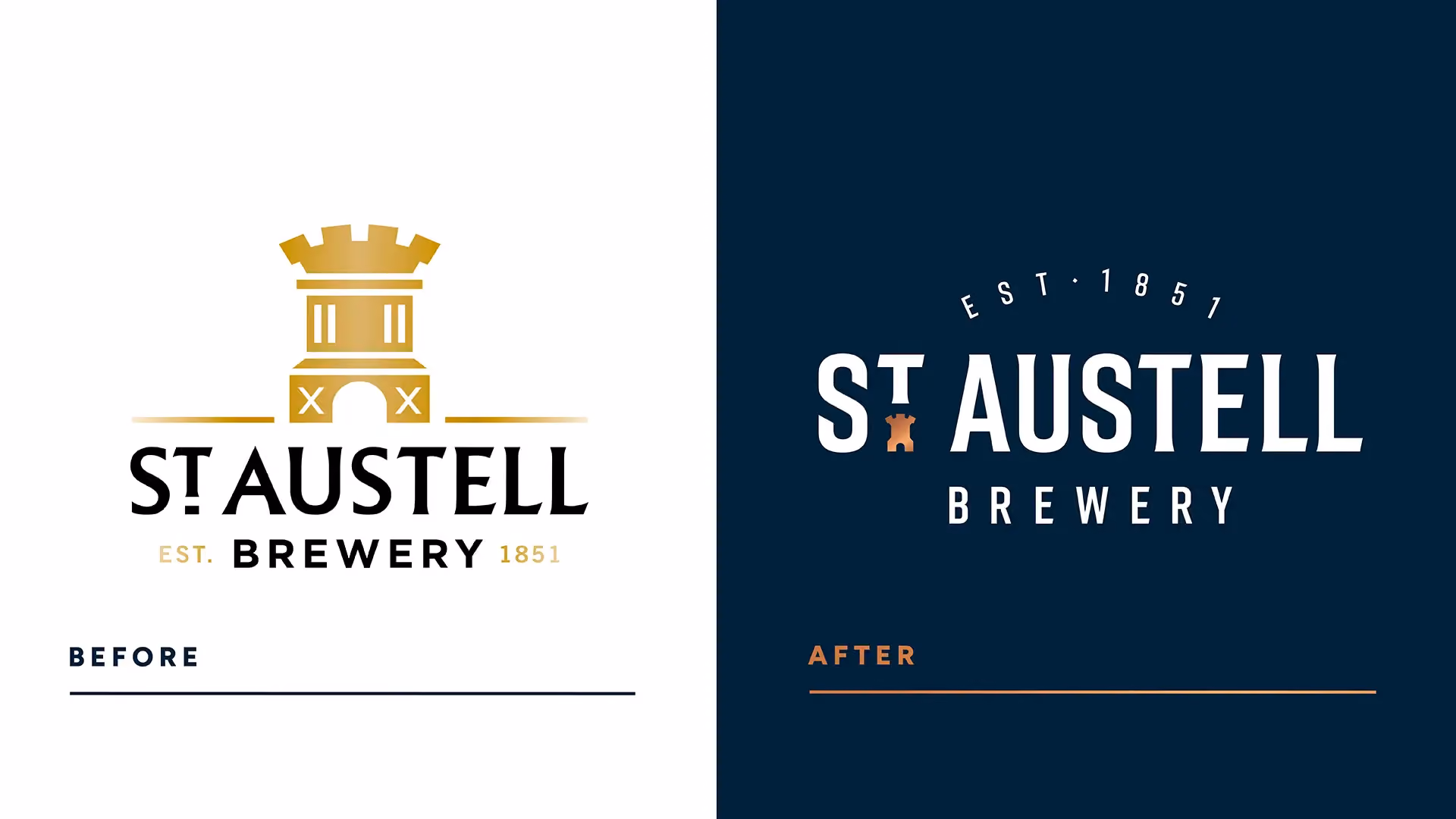 St Austell Brewery logo displayed in two versions: the original design and the updated version side by side.