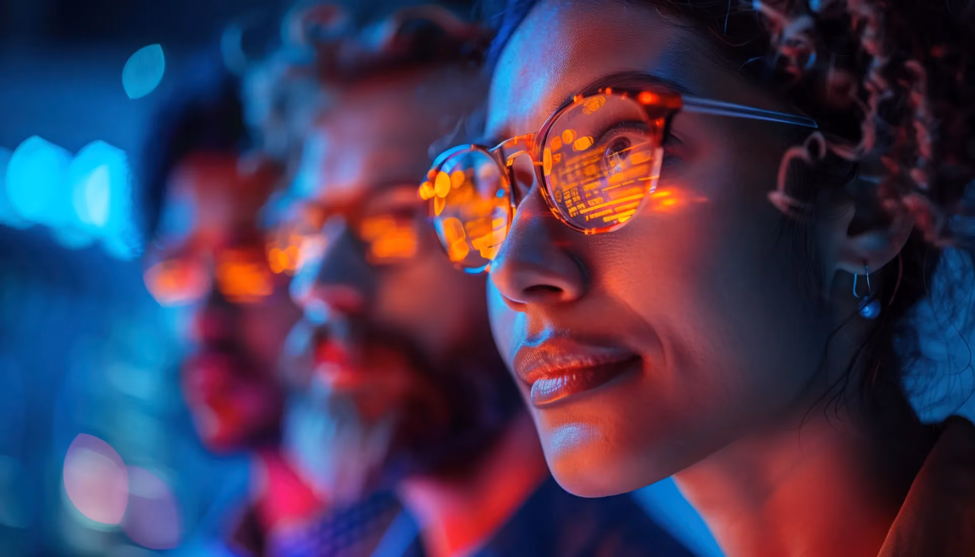 Close-up profile of a woman in sharp focus wearing glasses that brightly reflect glowing orange digital data and interfaces. She is illuminated by contrasting cool blue ambient lighting and warm neon tones. Two colleagues stand blurred in the background, also wearing glasses reflecting the same vibrant orange data streams, creating a modern, technology-focused atmosphere.