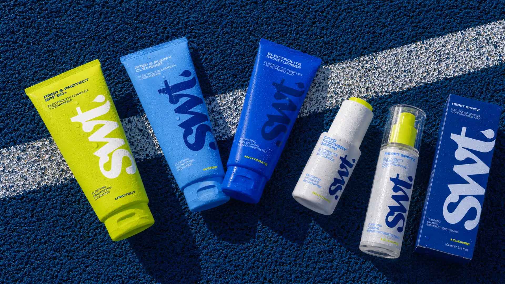 SWT tennis products displayed on a vibrant tennis court, showcasing gear and accessories for players.