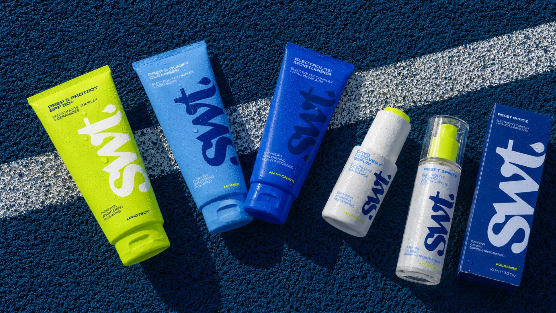 SWT tennis products displayed on a vibrant tennis court, showcasing gear and accessories for players.