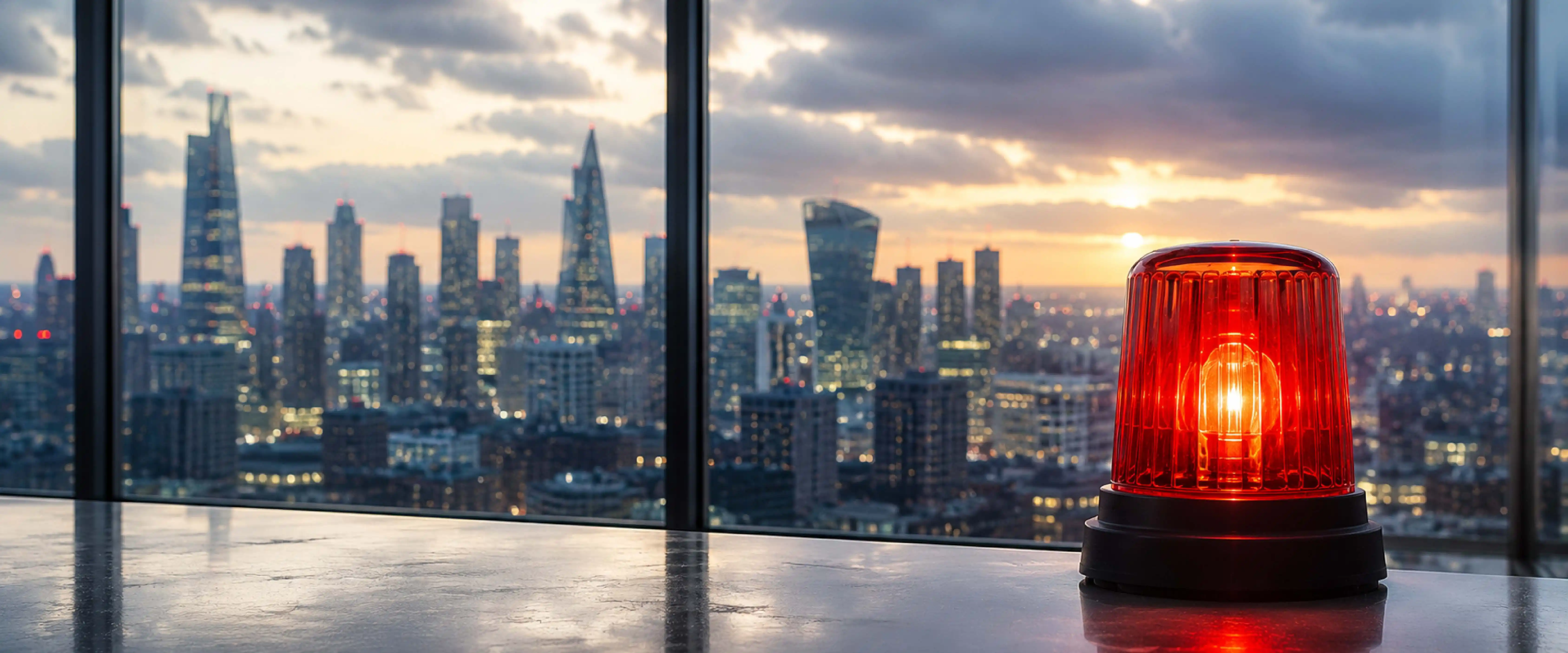 View of London skyline with a red flashing light on a desk
