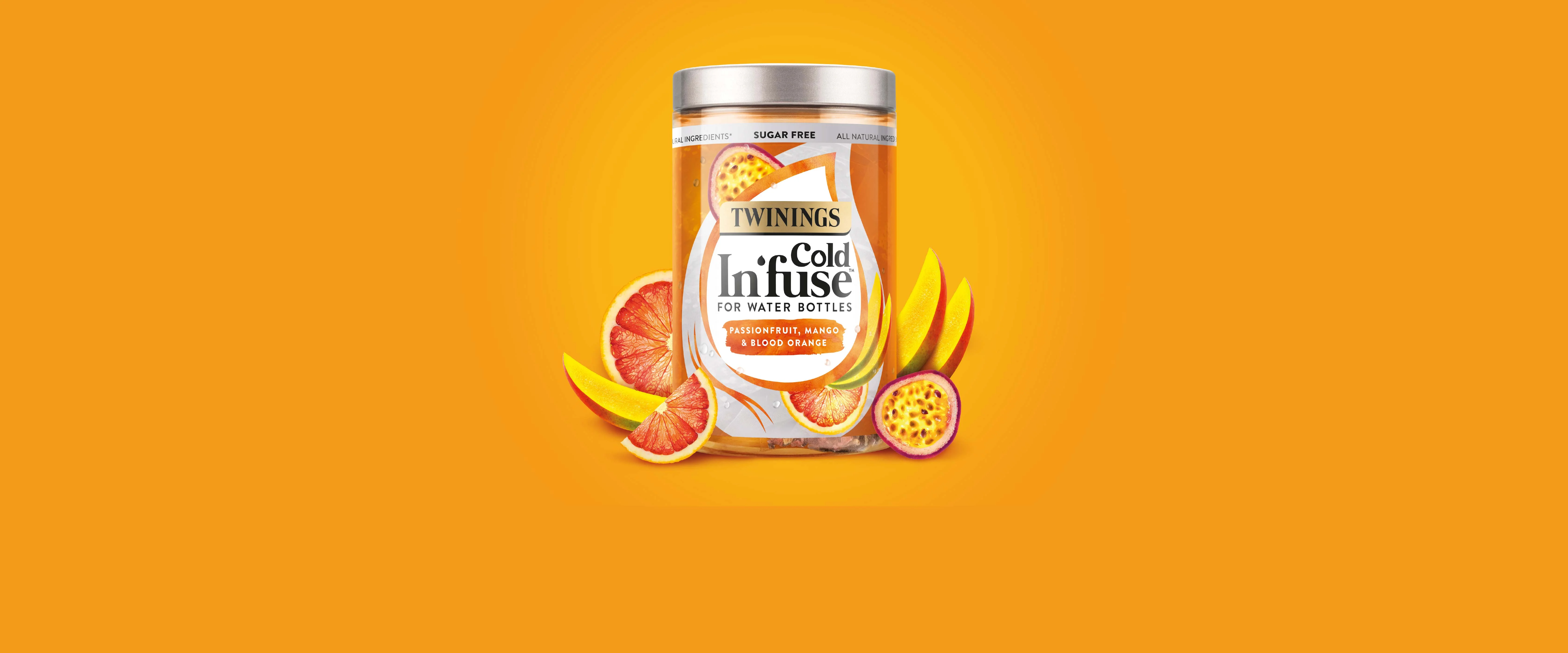 Twinings cold infuse pack on an orange background
