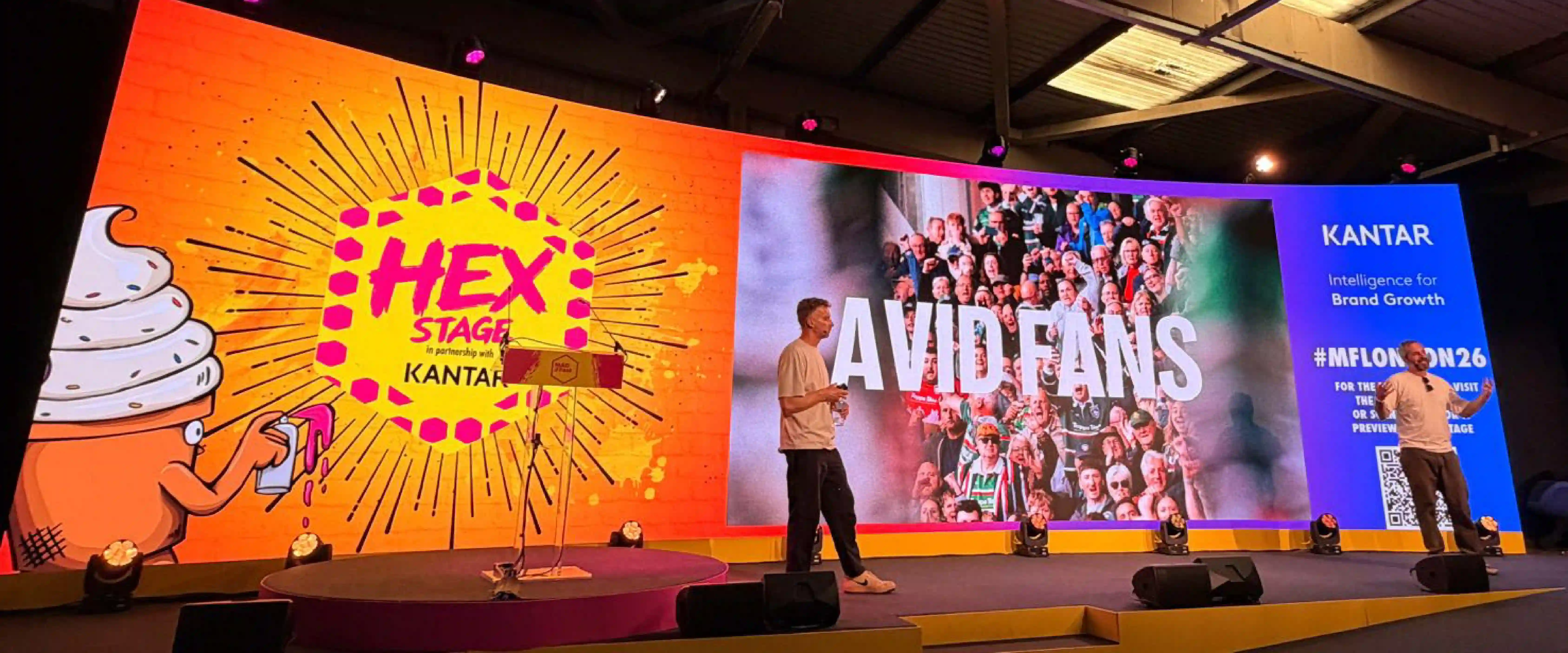 Guillaume Furminger, Executive Creative Director at Brand Potential and Rob Calder, Chief Growth Officer at PREM Rugby, speaking on stage at MAD/FEST London 2026