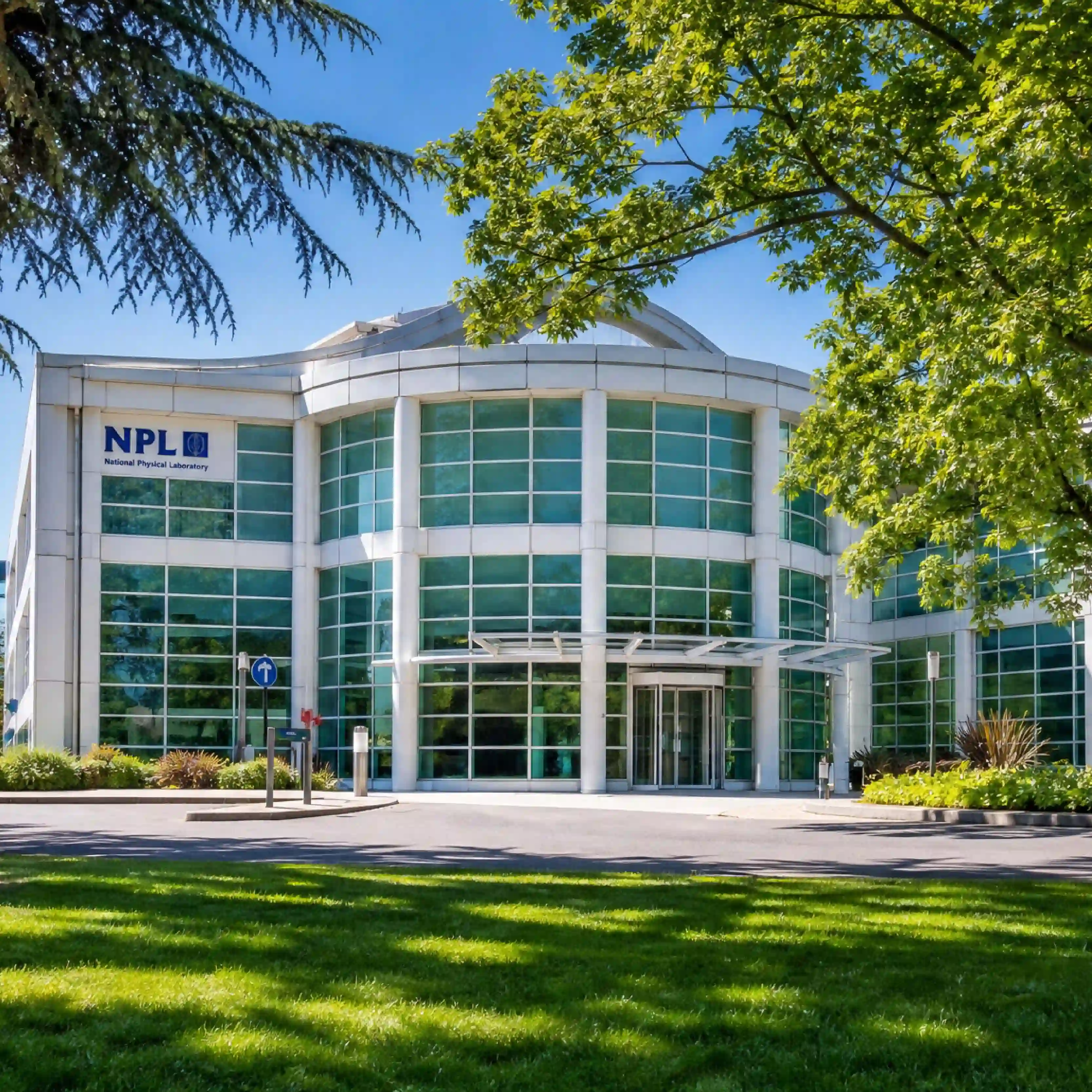 A professional exterior shot of the National Physical Laboratory (NPL) building, featuring a modern curved glass facade and white architectural pillars under a clear blue sky. The NPL logo and name are visible on the upper left side of the structure, which is framed by lush green trees and a well-maintained lawn in the foreground.