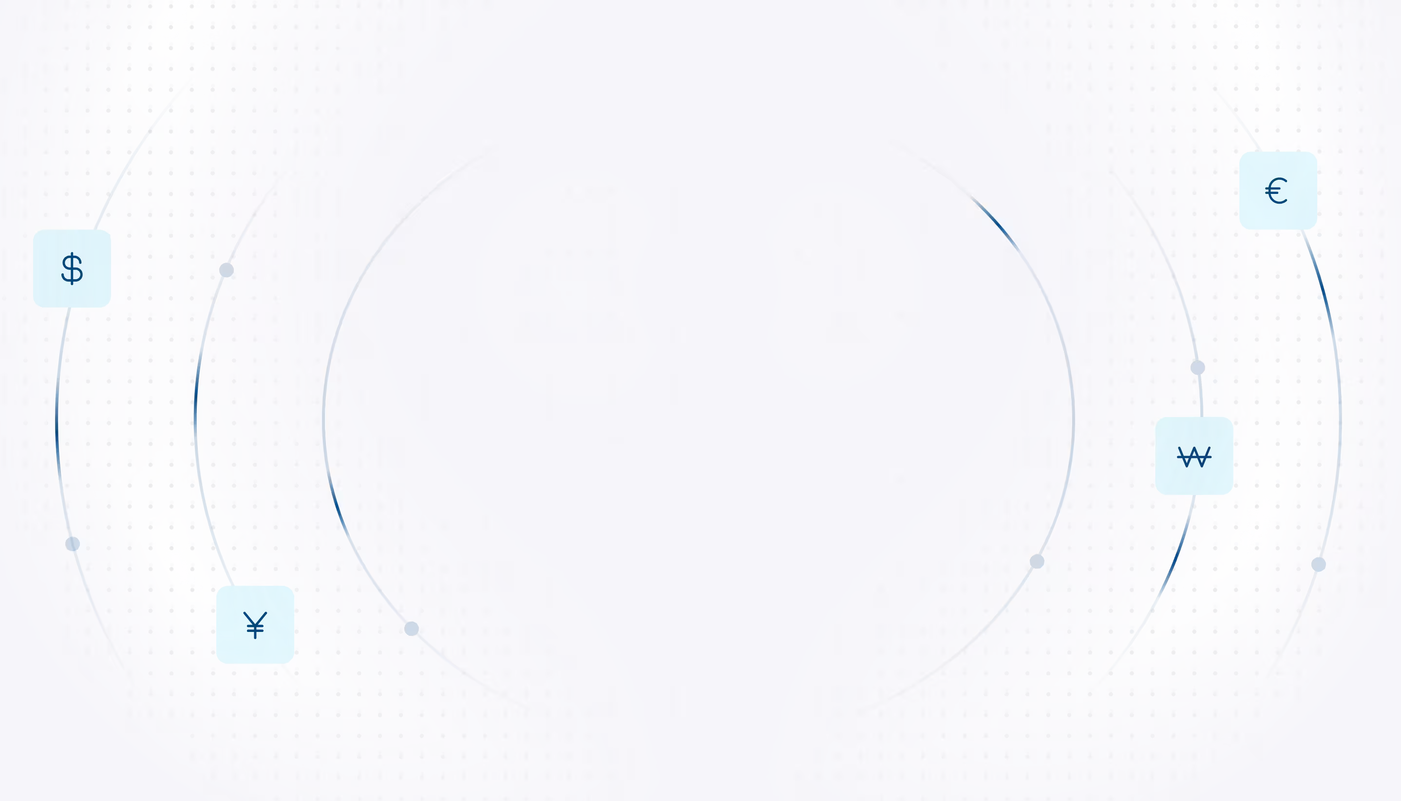 Abstract circular pattern with currency symbols dollar, yen, won, and euro connected by curved lines on a dotted background.