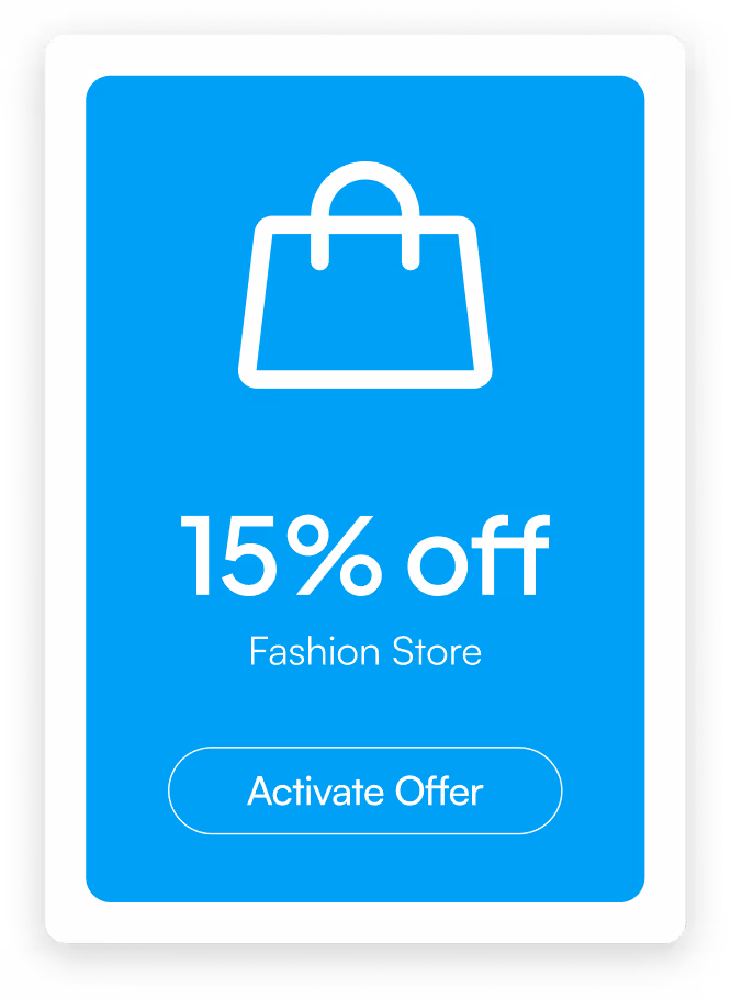Blue promotional card with a white shopping bag icon, text '15% off Fashion Store', and an 'Activate Offer' button.