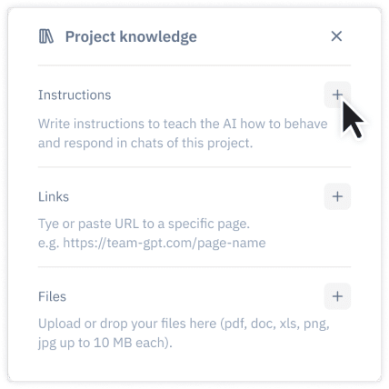 Project knowledge settings window with sections for Instructions, Links, and Files, each with a plus button for adding content.