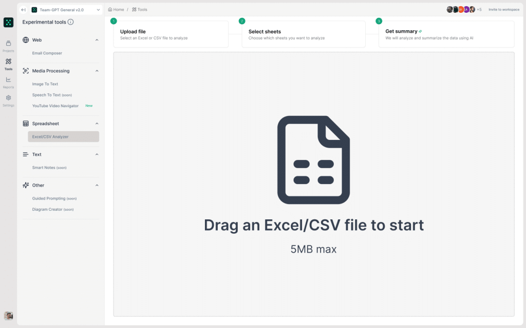 User interface for Excel/CSV file analysis with drag and drop area showing file icon and text 'Drag an Excel/CSV file to start, 5MB max', and a sidebar with tools like Media Processing, Spreadsheet, and Text.