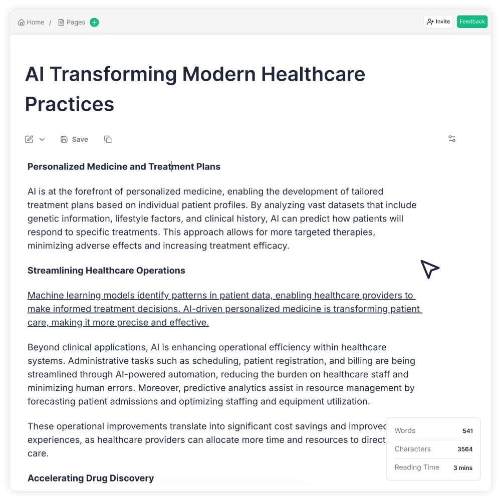 Webpage titled 'AI Transforming Modern Healthcare Practices' discussing personalized medicine, treatment plans, and AI's role in streamlining healthcare operations.