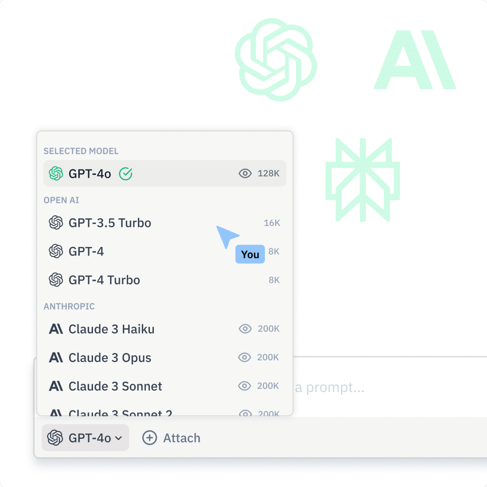 Drop-down menu displaying AI model options including GPT-3.5 Turbo, GPT-4, GPT-4 Turbo, and Anthropic Claude models with user currently selecting GPT-4o.