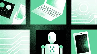 Illustration featuring a robot, a smartphone, a laptop, and circuit board patterns in a green and black color scheme.