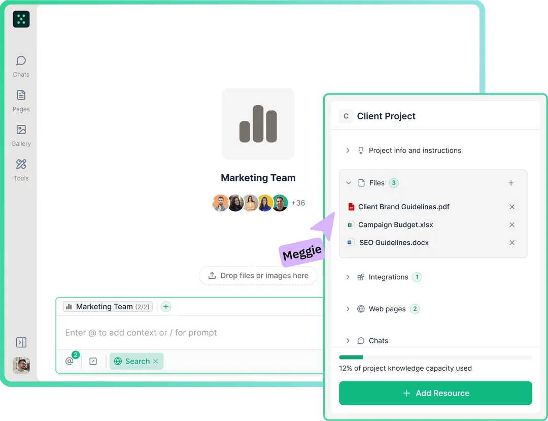 User interface of a collaborative workspace showing the Marketing Team chat with multiple team members and a Client Project panel listing files, integrations, web pages, chats, and project resource usage.