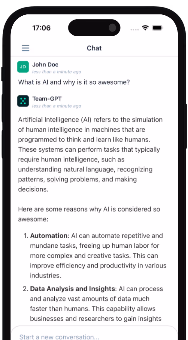 Chat interface on a smartphone showing a conversation where John Doe asks what AI is and why it is awesome, and Team-GPT explains AI as simulating human intelligence in machines and lists reasons like automation and data analysis.