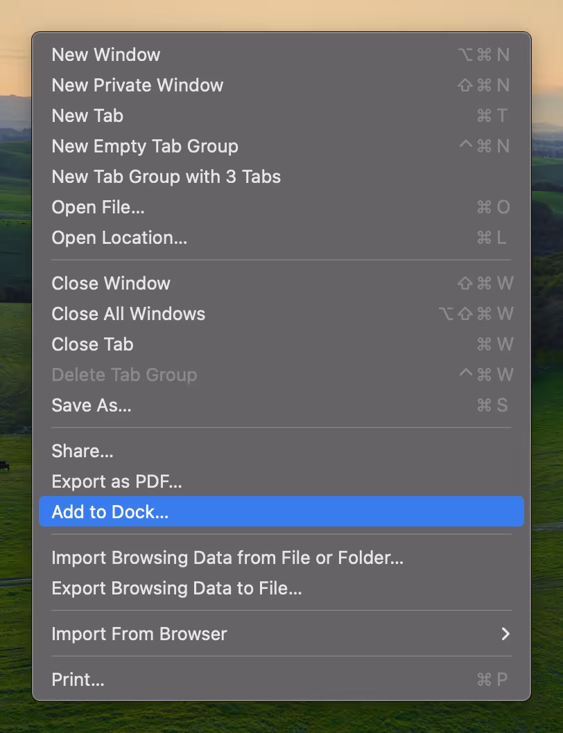 Safari Add to Dock menu
