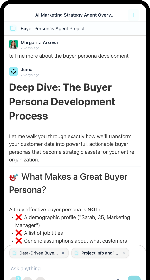 Chat interface showing a conversation about buyer persona development with a detailed explanation of what makes a great buyer persona, emphasizing what it is not.