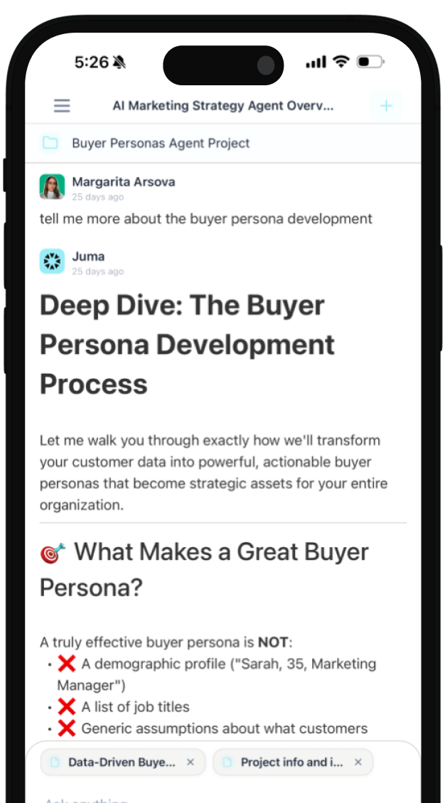 Smartphone screen showing an AI marketing strategy agent chat discussing buyer persona development with a header 'Deep Dive: The Buyer Persona Development Process' and a section titled 'What Makes a Great Buyer Persona?' explaining what an effective buyer persona is not.