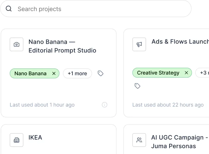 User interface showing a search bar labeled 'Search projects' above four project cards with titles, tags, and last used time details.