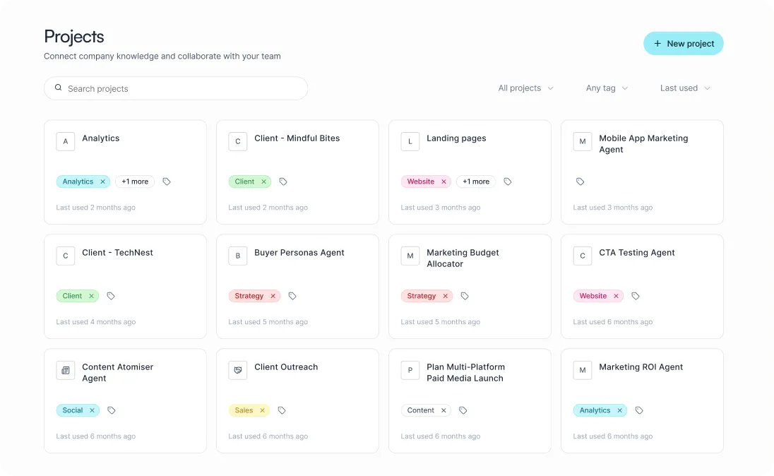 Dashboard of project management interface showing various project cards with titles like Customer Support, LinkedIn Bonanza, Templates, and SEO, each with tags and last used times.