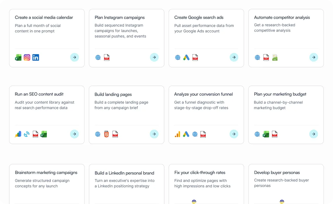 Dashboard of project management interface showing various project cards with titles like Customer Support, LinkedIn Bonanza, Templates, and SEO, each with tags and last used times.