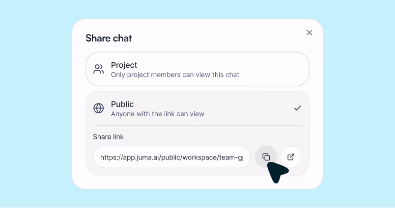 Share chat dialog with options for Project members or Public link sharing, showing a URL and a pointer on copy button.