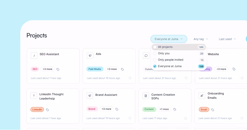 Dashboard interface showing project cards with tags like SEO, Paid Media, LinkedIn, Brand, Content, and Email.