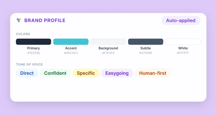 Brand Profile UI element featuring tone of voice and colors.
