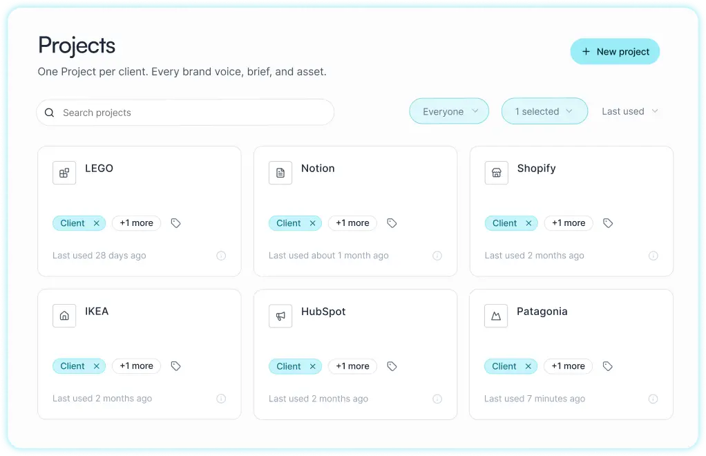 Project dashboard showing client projects LEGO, Notion, Shopify, IKEA, HubSpot, and Patagonia with last used dates.