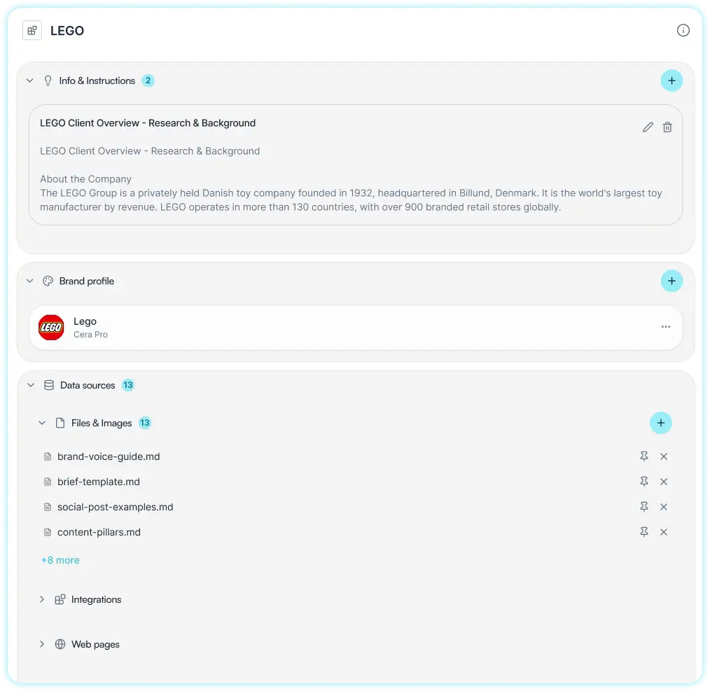 Interface showing LEGO project info, brand profile, and data sources with files listed and plus icons.