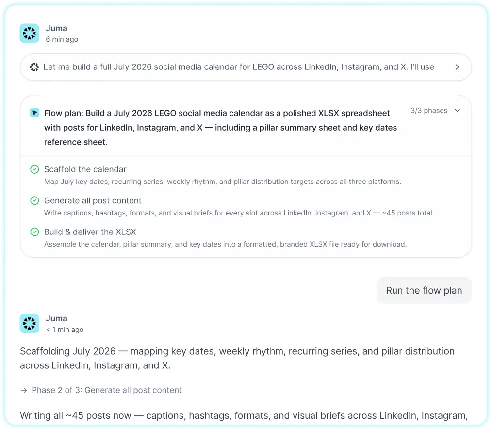 Chat interface showing a social media calendar plan for July 2026 with tasks for LinkedIn, Instagram, and X posts.