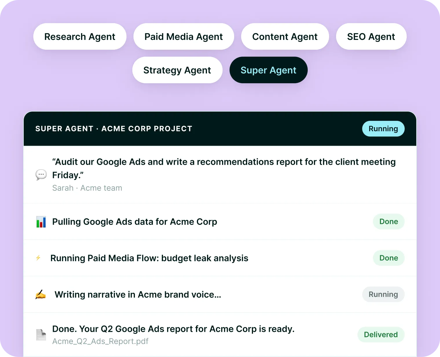 An illustration depicting super agent's output for Acme Corp and agent types, including Research Agent, Paid Media Agent, Content Agent, SEO Agent, Strategy Agent, and Super Agent.