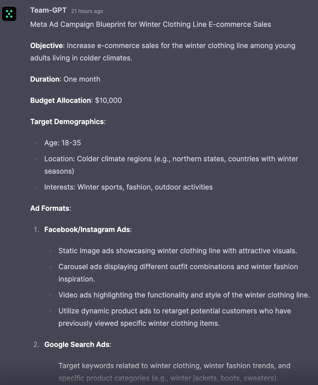 screenshot of digital ad strategy prompt