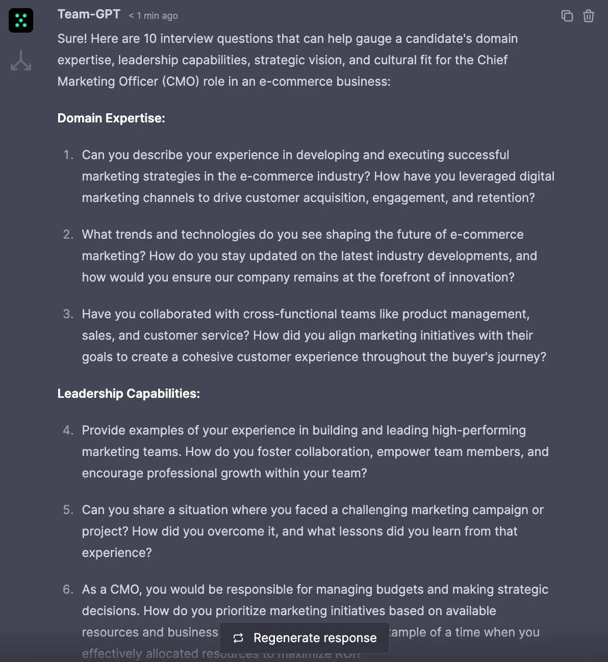 screenshot of prompt for creating job interview questions
