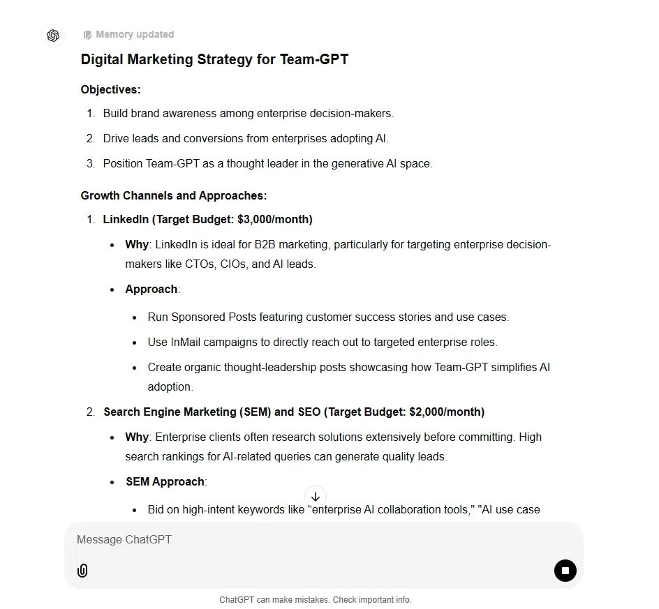 ChatGPT generating content on "Digital Marketing Strategy for Team-GPT"