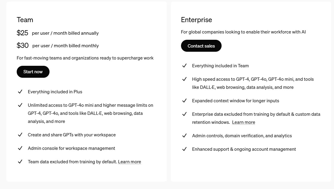 ChatGPT team and enterprise plans