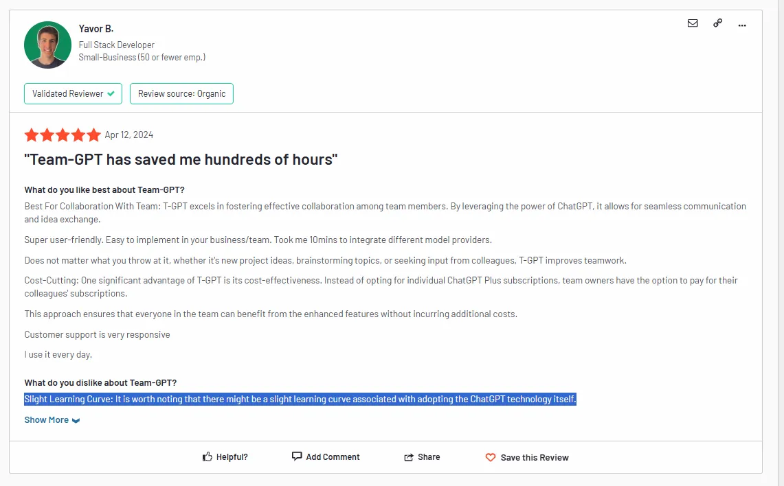 Team-GPT's review on G2 by Yavor B.