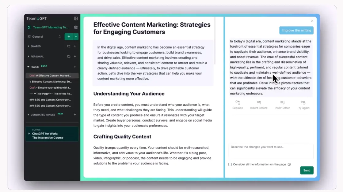 Team-GPT creating content on "Effective Content Marketing: Strategies for Engaging Customers"