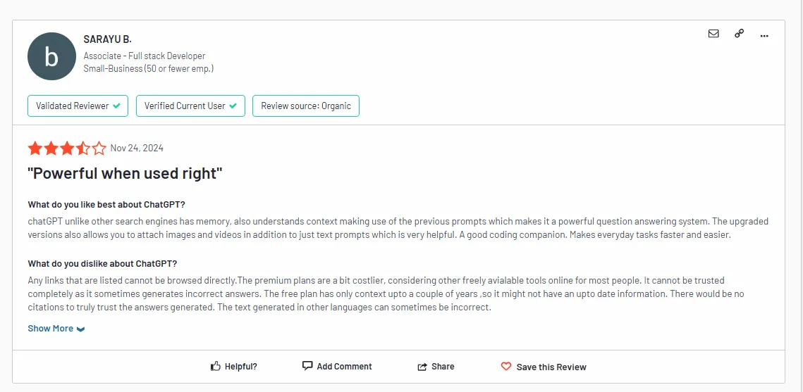 ChatGPT's review on G2 by Sarayu B.